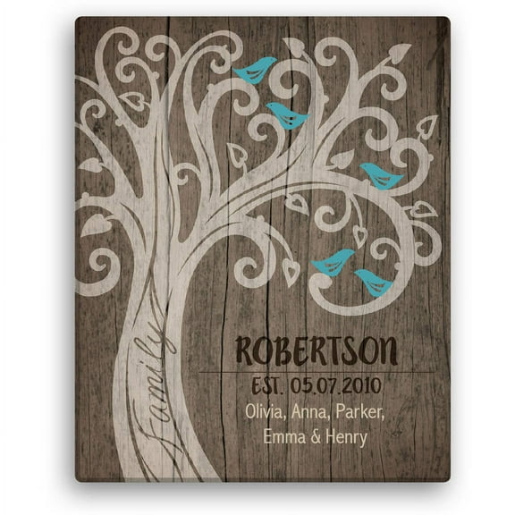 Family Tree with Blue Birds 16" x 20" Personalized Canvas, Family of 3 - 6