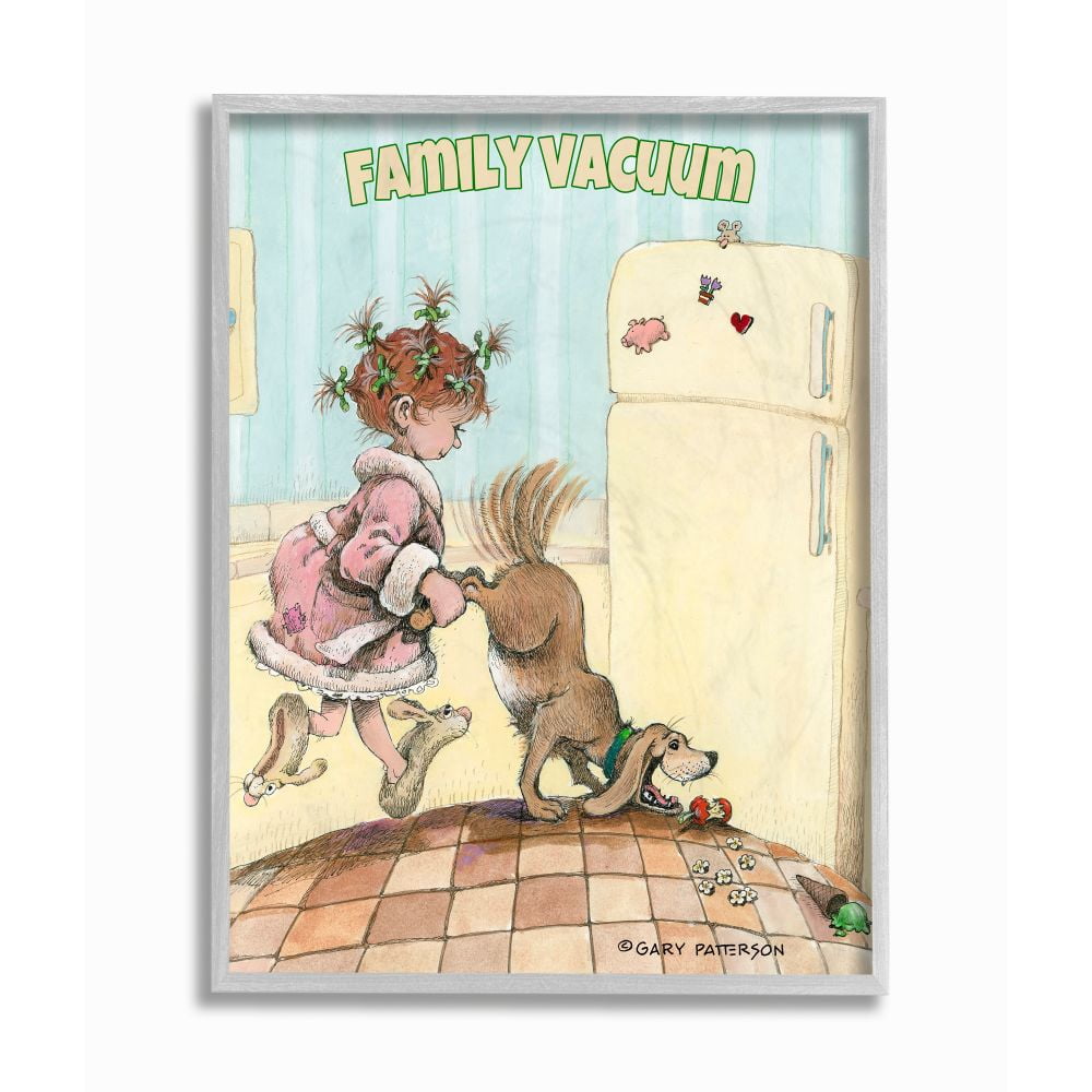 Family Vacuum Funny Cartoon Pet Dog Design Gray Farmhouse Rustic Framed Giclee Texturized Art by Gary Patterson