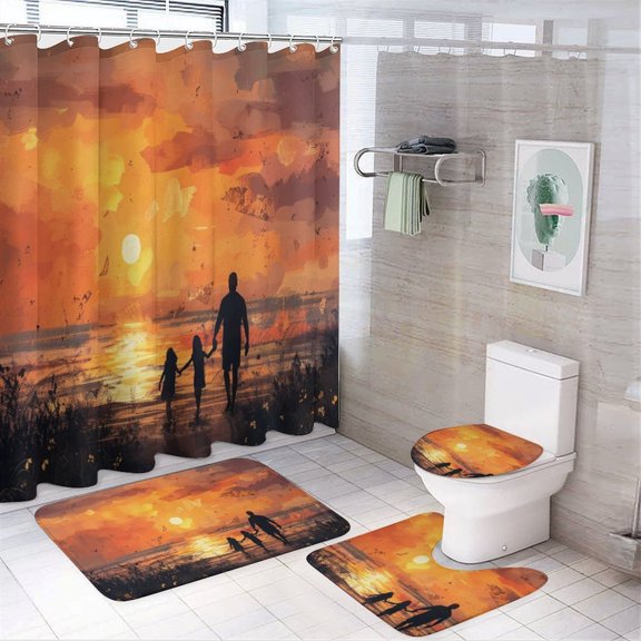 Family Walking at The Beach at Sunset Shower Curtain Sets with Rugs 4 Piece with Rugs Toilet Lid Cover And Bath Mat Gift for Family Personalized Picture Family Bath Curtain