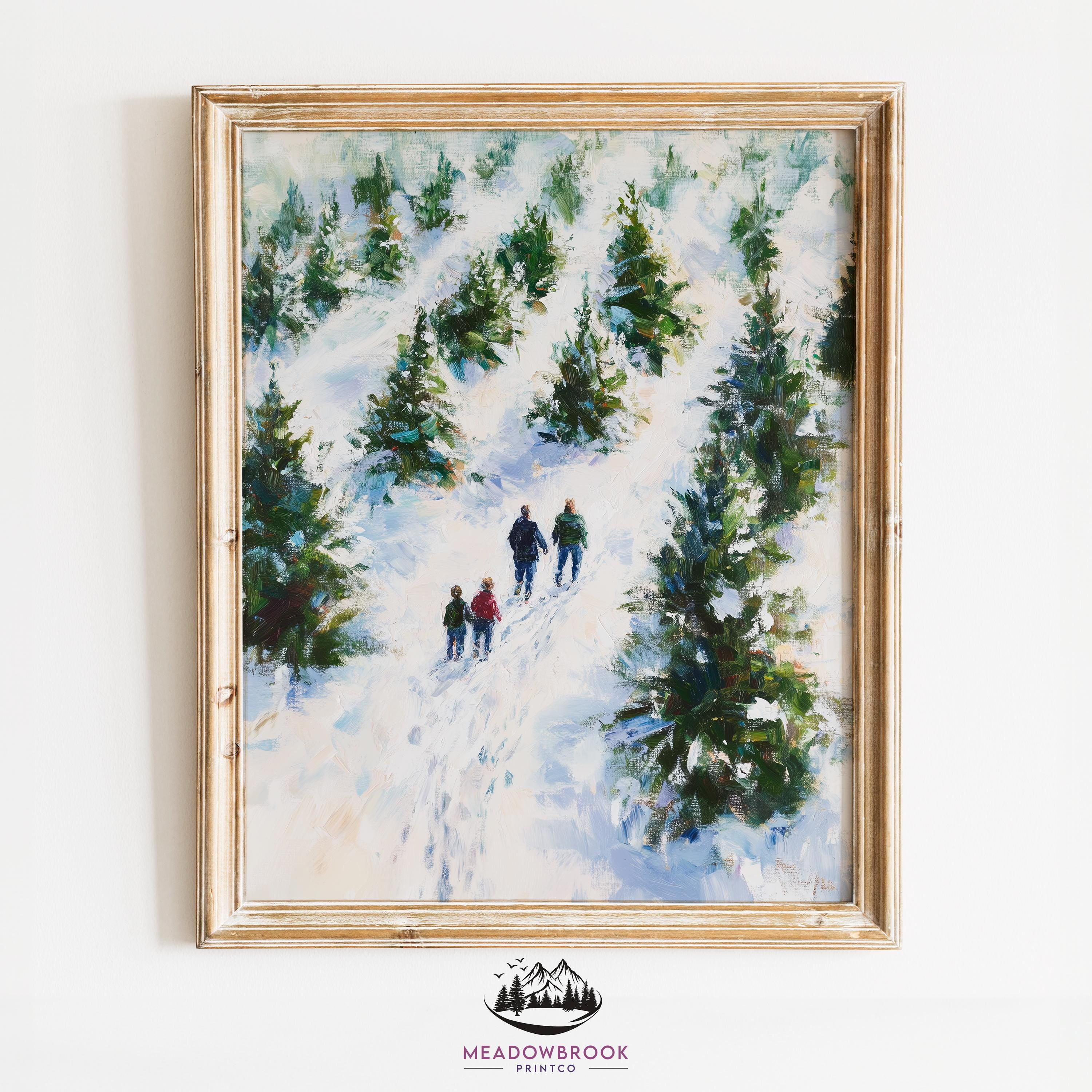 Family Walking Through Snowy Forest Print, Vintage Kristmas Wall Art ...