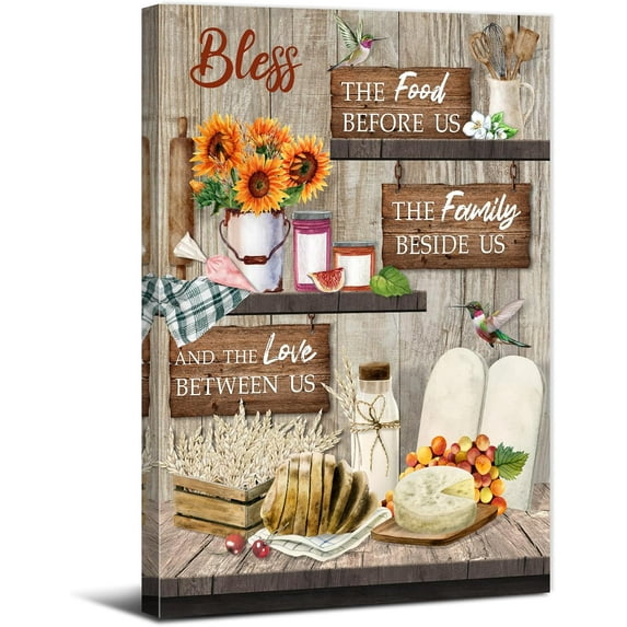 Family Wall Art Bless The Food Before Us Wall Decor for Kitchen Dining Room Home Decorations Farmhouse Christian Canvas Painting Rustic Blessed Sign Picture Sunflower Kitchenware Prints Artwork 12x16"