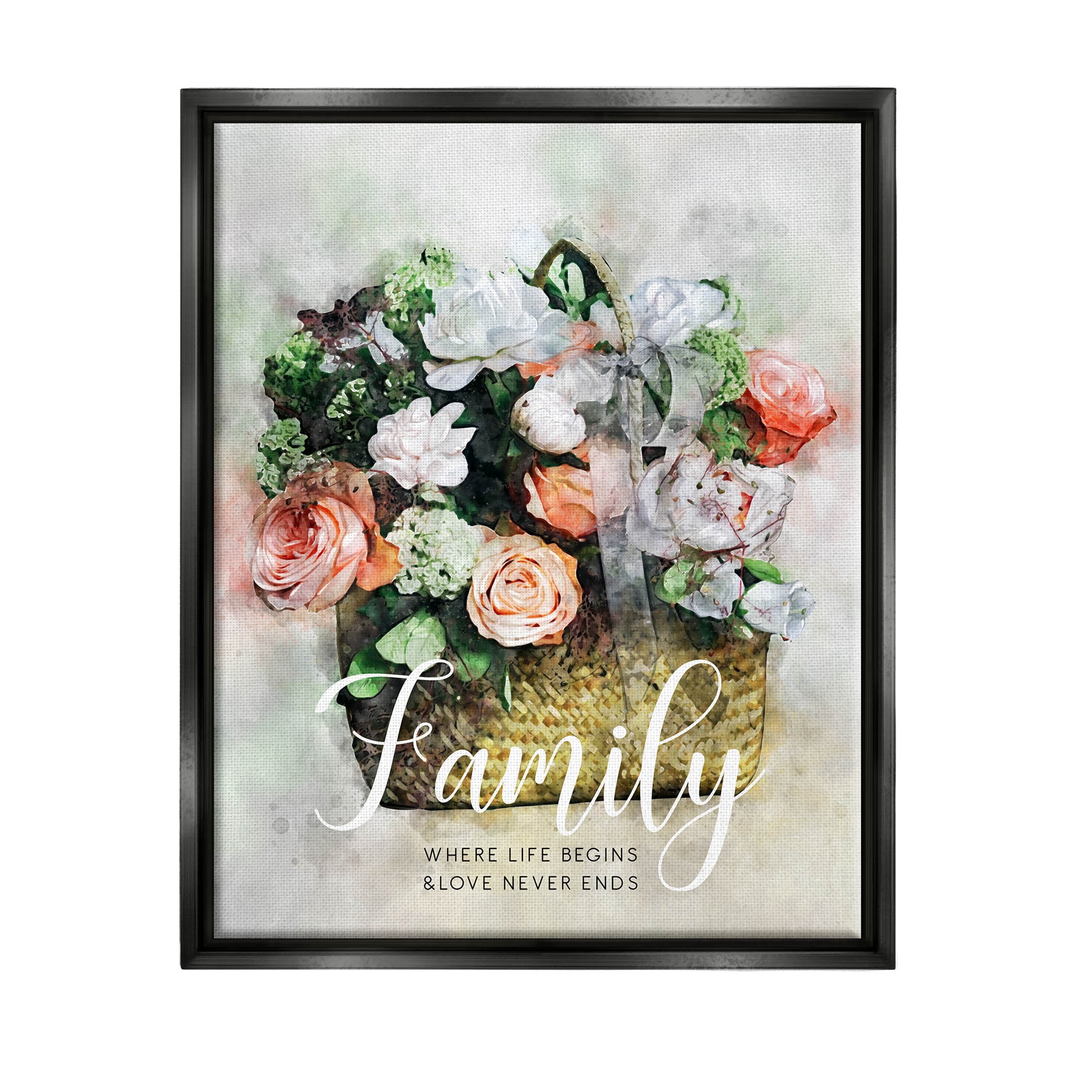 Family Where Life Begins Phrase Botanical & Floral Graphic Art Jet Black Framed Art Print Wall Art