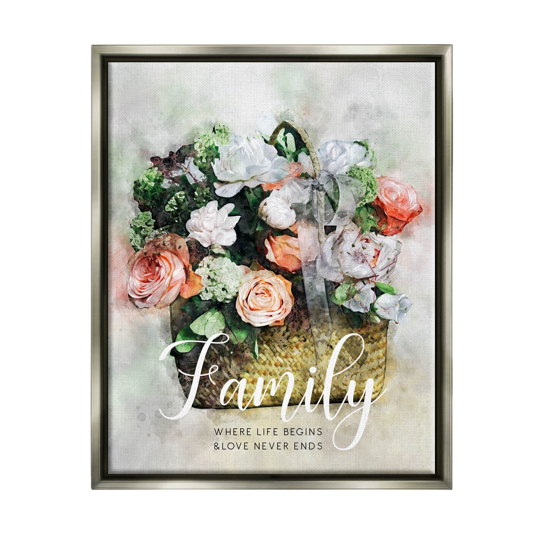 Family Where Life Begins Phrase Botanical & Floral Graphic Art Luster Gray Framed Art Print Wall Art