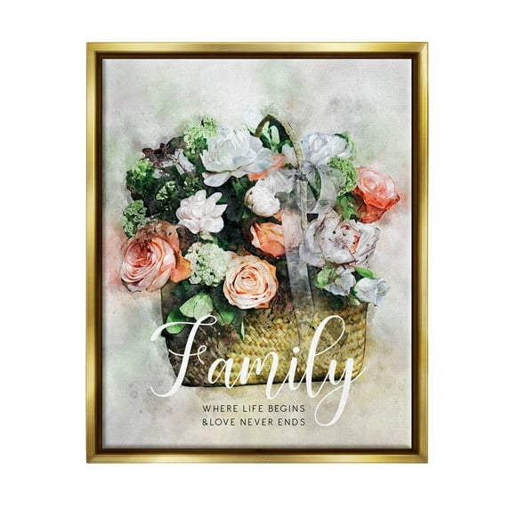 Family Where Life Begins Phrase Botanical & Floral Graphic Art Metallic Gold Framed Art Print Wall Art