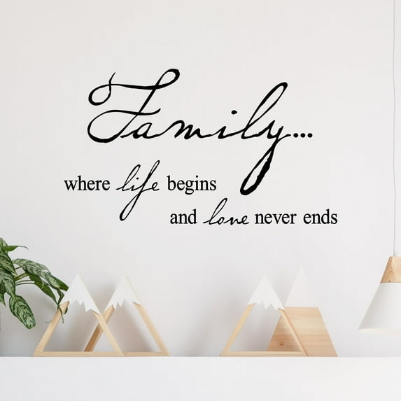 Family Where Life Begins and Love Never Ends Vinyl Lettering Wall Decal Sticker Home Decals Size: 12.5"H x 22"W Color: Black