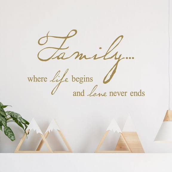 Family Where Life Begins and Love Never Ends Vinyl Lettering Wall Decal Sticker Home Decals Size: 12.5"H x 22"W Color: Metallic Gold