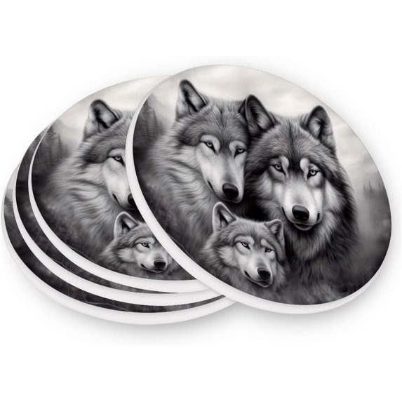 Family Wolf Grey Coasters Absorbent Moisture Non-Slip Drink Coaster Ceramic Stone with Cork Base Desktop Protection, 4PCS