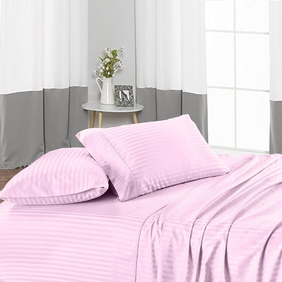 Family XL King Size Bed Sheet Set 4 Piece, 400 Thread Count, 12" Deep Pocket, 100% Egyptian Cotton, Sateen Finish, Extra Soft and Luxury - Pink Stripe.