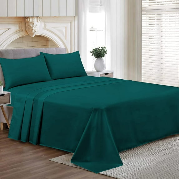 Family XL Size Egyptian Cotton Family King Sheet Set Premium 800 TC Super Soft Family King Bed Sheets Teal Solid 21 Inch Deep Pocket 4PC- 1 Flat Sheet, 1 Fitted Sheet & 2 Pillowcase