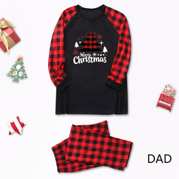 Family Xmas Pajamas Matching Sets Cozy Matching Family Christmas Pajamas Red and Black Plaid Sleepwear with Christmas Print Long Sleeve Dad