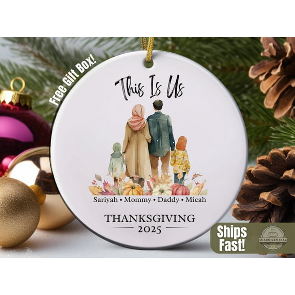 Family of 4 Thanksgiving Ornament, Personalized “This Is Us†Fall Keepsake w Family Names, Autumn Pumpkin Decor, Blended Family Gift