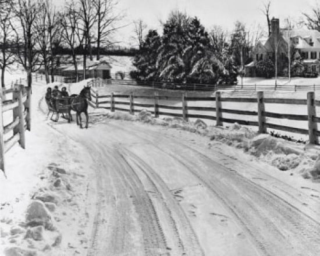 Family riding horsedrawn sleigh on snow covered road Canvas Art - (18 x 24)