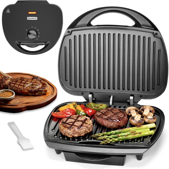 Family-sized Contact Grill, 6-Serving Electric Indoor Grill with Adjustable Temp Control, Ceramic Coating, 1500W, Graphite