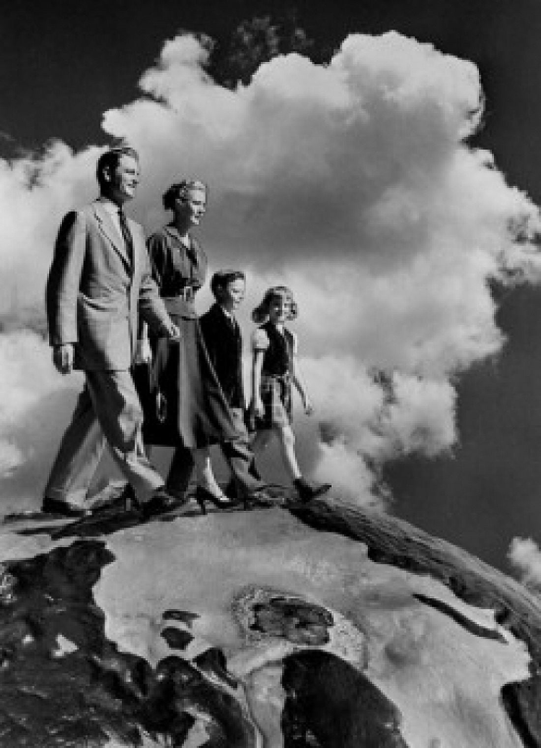 Family with two kids walking in clouds Canvas Art - (24 x 36)