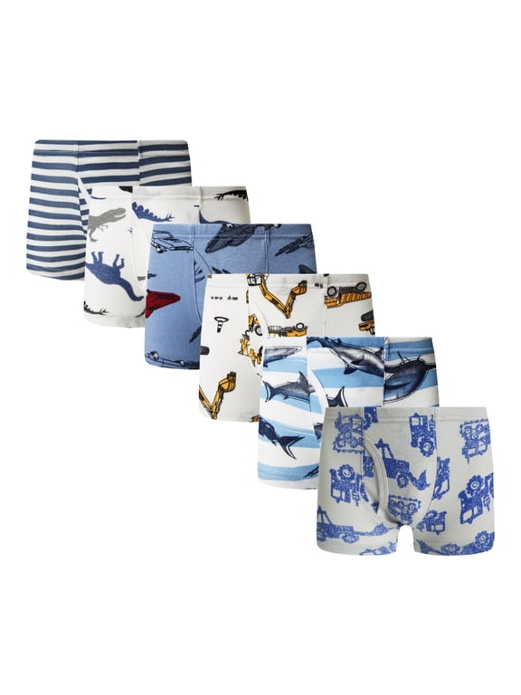 Little Boys 6-Pack 100% Cotton Boxer Briefs, Dinosaur Shark Striped Underwear, Size 4T