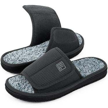 FamilyFairy Men's Adjustable Open Toe Slippers Waffle Comfy Slide Memory Foam House Shoes Indoor Outdoor