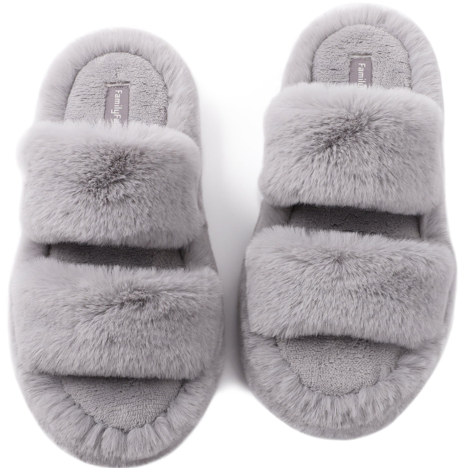  FamilyFairy Women's Fluffy Faux Fur Slippers Comfy Open Toe  Two Band Slides with Fleece Lining and Rubber Sole | Slippers