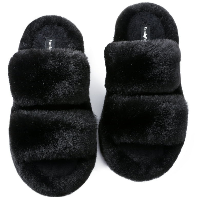  FamilyFairy Women's Fluffy Faux Fur Slippers Comfy Open Toe  Two Band Slides with Fleece Lining and Rubber Sole | Slippers