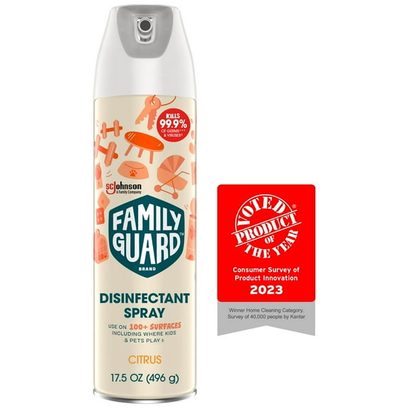 FamilyGuard Brand Disinfe Countant Spray 17.5 oz, Citrus. Disinfe Counts 100+ hard, non-porous surfaces including where kids & pets play