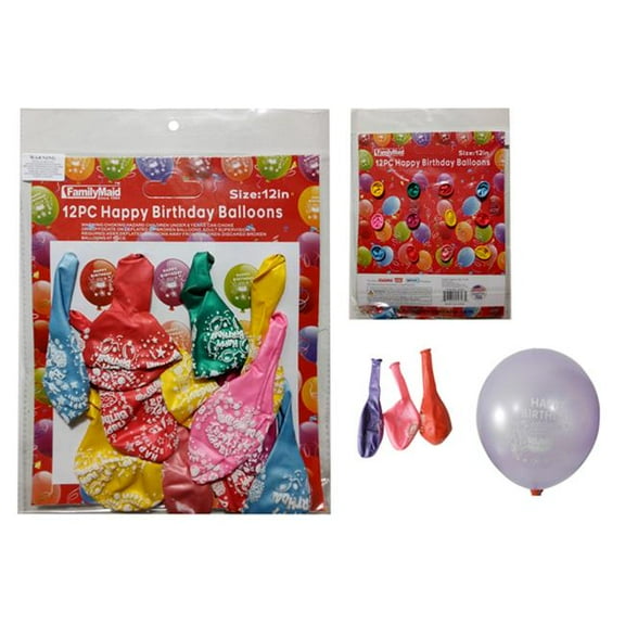 FamilyMaid 15323 12 in. & 3.2 g 12 Piece Happy Birthday Balloon, Assorted Color - Pack of 144