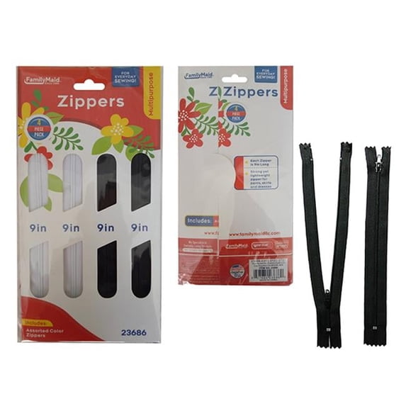 FamilyMaid 23686 9 in. Long Zipper, Black & White - 4 Piece