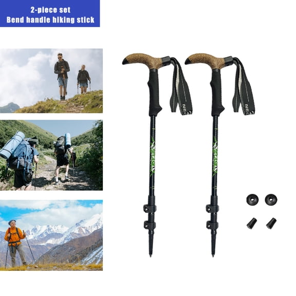FamilyQl Aluminum curved handle hiking stick, multifunctional outdoor hiking and trekking, lightweight and durable (2-piece set)