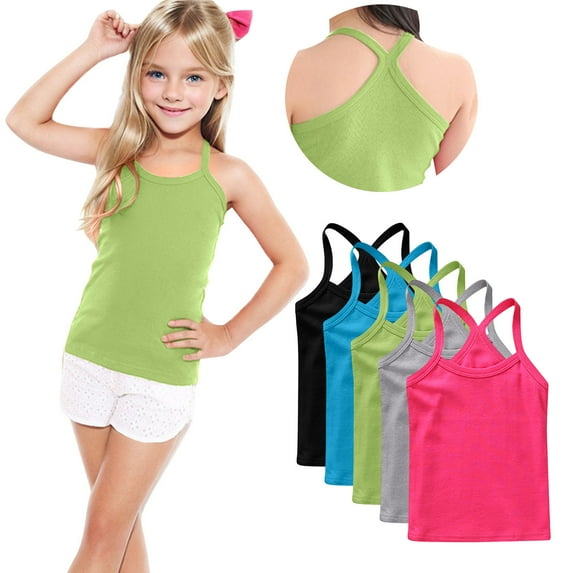 FamilyThread 5 Pack Girls Tank Tops Solid Sleeveless Undershirts Scoop Neck Undershirts Soft Tops For 1-13Y