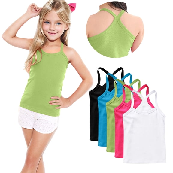 FamilyThread 5 Pack Girls Tank Tops Solid Sleeveless Undershirts Scoop Neck Undershirts Soft Tops For 1-13Y