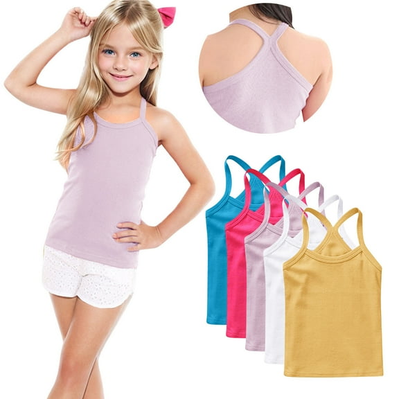 FamilyThread 5 Pack Girls Tank Tops Solid Sleeveless Undershirts Scoop Neck Undershirts Soft Tops For 1-13Y