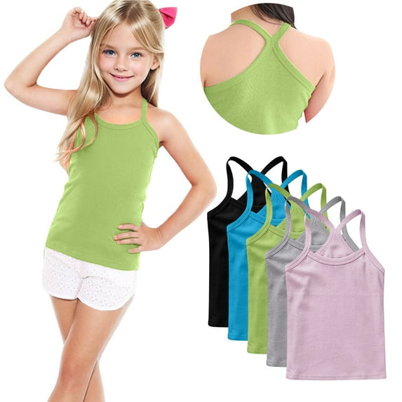 FamilyThread 5 Pack Girls Tank Tops Solid Sleeveless Undershirts Scoop Neck Undershirts Soft Tops For 1-13Y