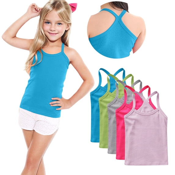 FamilyThread 5 Pack Girls Tank Tops Solid Sleeveless Undershirts Scoop Neck Undershirts Soft Tops For 1-13Y