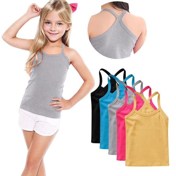 FamilyThread 5 Pack Girls Tank Tops Solid Sleeveless Undershirts Scoop Neck Undershirts Soft Tops For 1-13Y