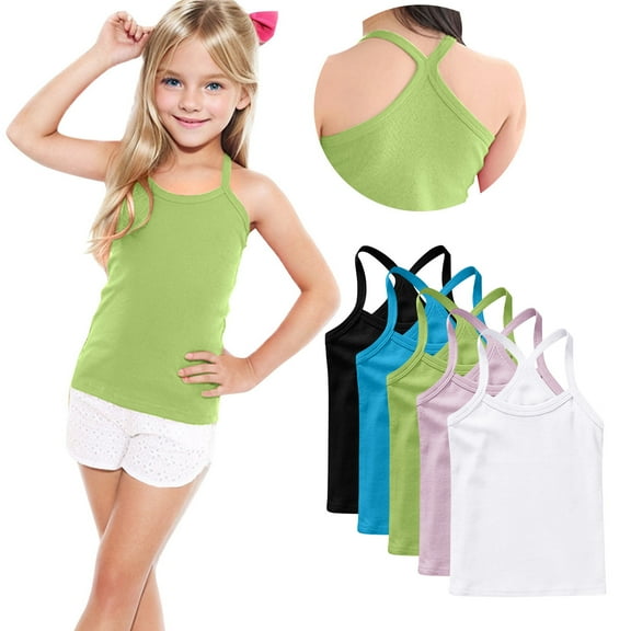 FamilyThread 5 Pack Girls Tank Tops Solid Sleeveless Undershirts Scoop Neck Undershirts Soft Tops For 1-13Y