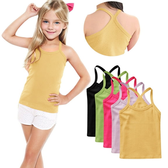 FamilyThread 5 Pack Girls Tank Tops Solid Sleeveless Undershirts Scoop Neck Undershirts Soft Tops For 1-13Y
