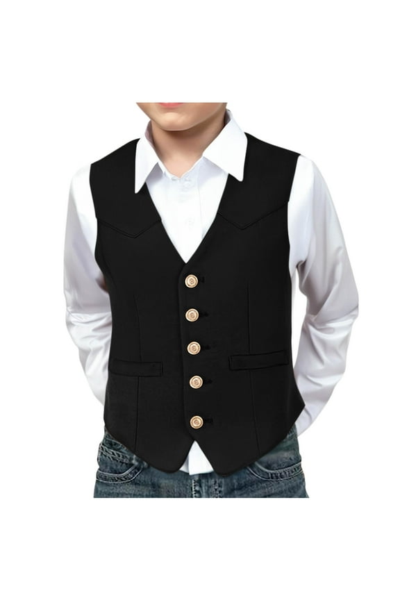 Boy's Formal Suit Vest Tweed Slim Button Vest Solid Color Waistcoat Vest Unique V-Neck Design with Pockets For 3-12Y