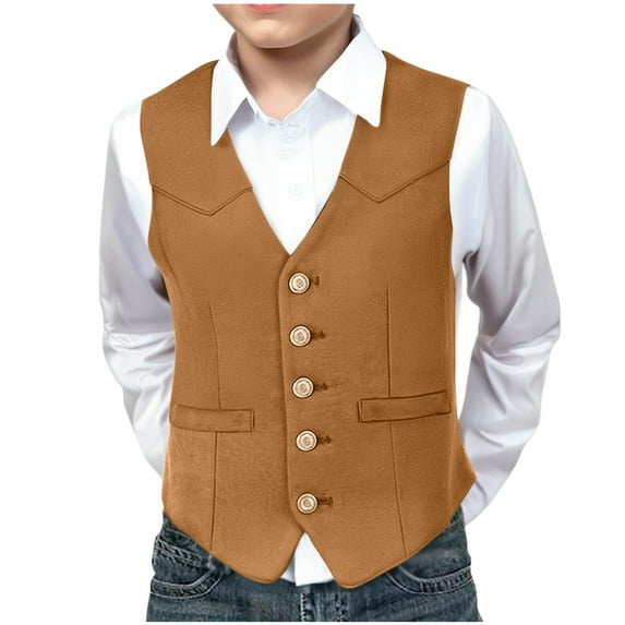 FamilyThread Boy's Formal Suit Vest Tweed Slim Button Vest Solid Color Waistcoat Vest Unique V-Neck Design with Pockets For 3-12Y
