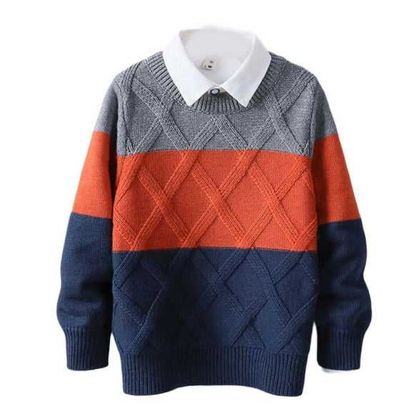 FamilyThread Boys And Girls Long Sleeve Knit Sweaters Crewneck Pullover Sweater Kids Splicing Color Blouse Tops For 2-10Y