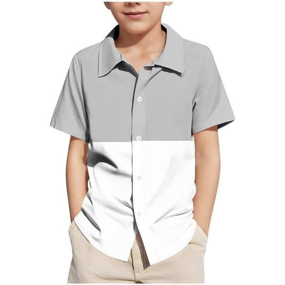 FamilyThread Boys Short Sleeve Dress Casual Shirts Cotton Button Down Shirts Splicing Color for Boys For 5-15Y
