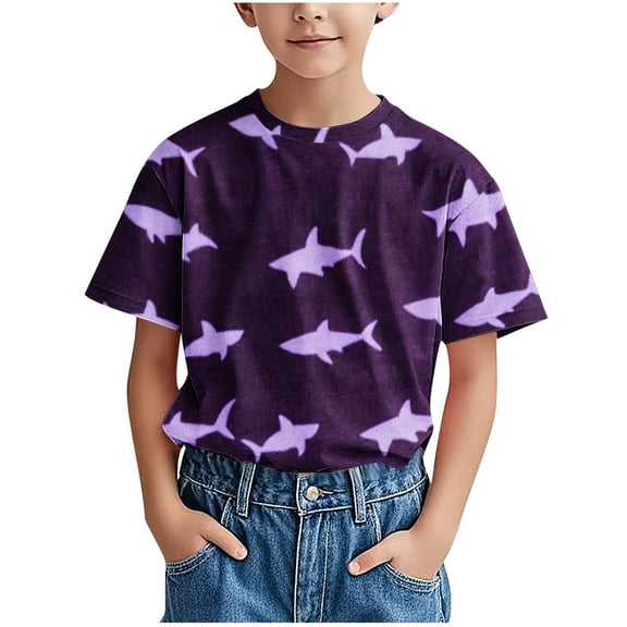 FamilyThread Boys Short Sleeve T Shirts Kids Summer Crewneck Tops Shark Pattern Loose Fit Tees For 1-12Y