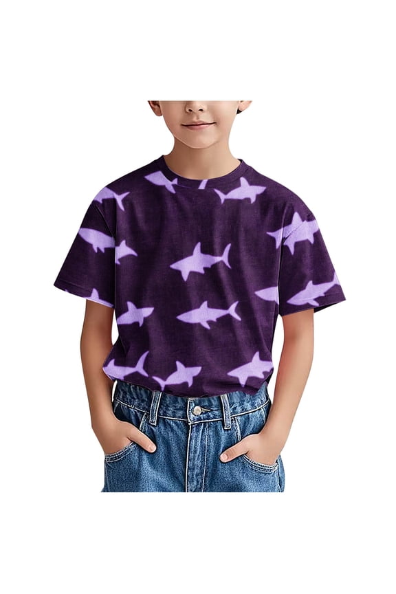 Boys Short Sleeve T Shirts Kids Summer Crewneck Tops Shark Pattern Loose Fit Tees For 1-12Y
