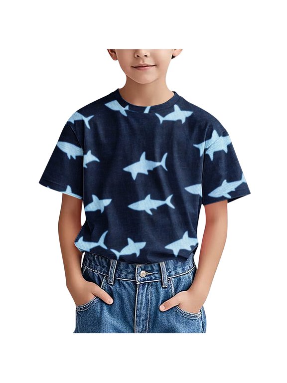 Boys Short Sleeve T Shirts Kids Summer Crewneck Tops Shark Pattern Loose Fit Tees For 1-12Y