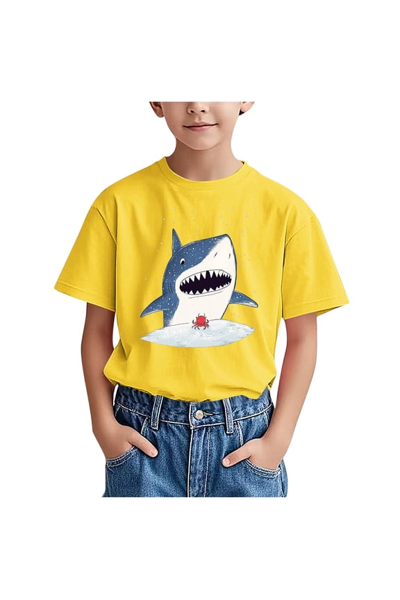 Boys Short Sleeve T Shirts Kids Summer Crewneck Tops Shark Pattern Loose Fit Tees For 3-15Y