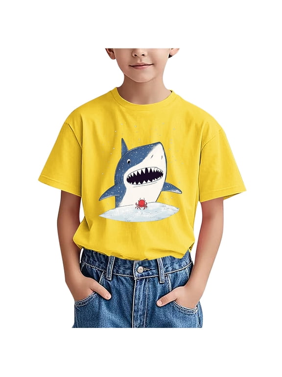 Boys Short Sleeve T Shirts Kids Summer Crewneck Tops Shark Pattern Loose Fit Tees For 3-15Y
