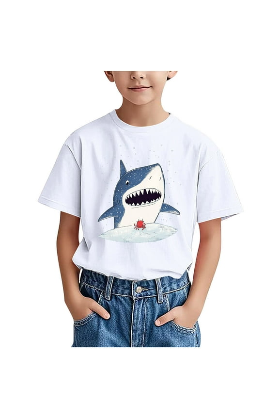 Boys Short Sleeve T Shirts Kids Summer Crewneck Tops Shark Pattern Loose Fit Tees For 3-15Y