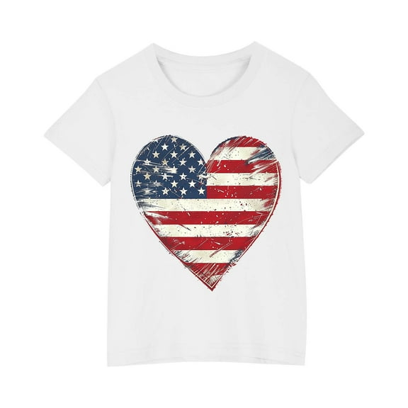 FamilyThread Children's Casual Loose T-shirt American Flag 4th of July Heart Style Summer Comfortable Short Sleeved Round Neck Top For 3-9Y