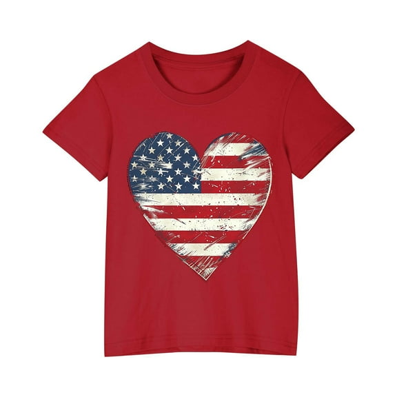 FamilyThread Children's Casual Loose T-shirt American Flag 4th of July Heart Style Summer Comfortable Short Sleeved Round Neck Top For 3-9Y