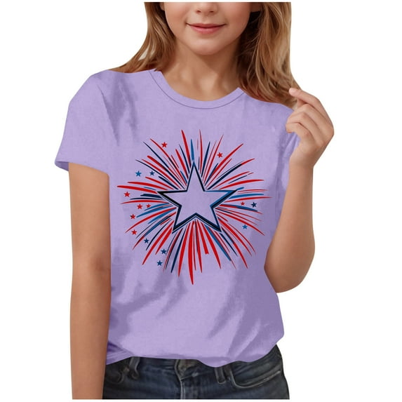 FamilyThread Children's Casual Loose T-shirt American Flag 4th of July Bow Style Summer Comfortable Short Sleeved Round Neck Top For 3-15Y