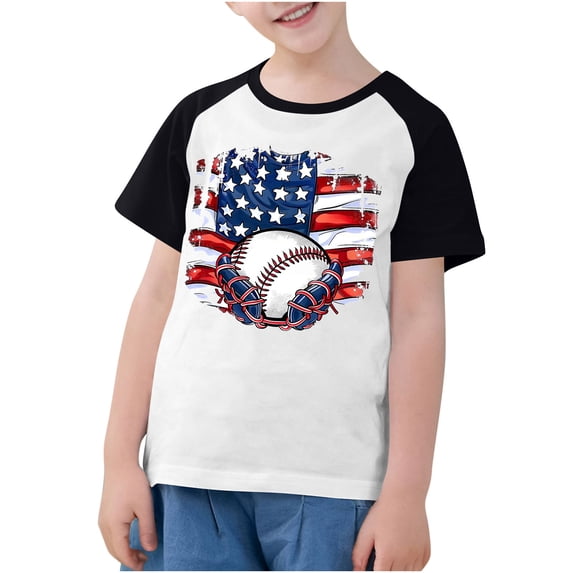 FamilyThread Children's Casual Loose T-shirt American Flag 4th of July Summer Comfortable Raglan Sleeve Casual Short Sleeve Round Neck Top For 3-13Y