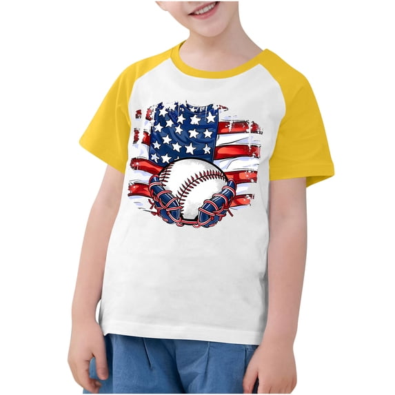 FamilyThread Children's Casual Loose T-shirt American Flag 4th of July Summer Comfortable Raglan Sleeve Casual Short Sleeve Round Neck Top For 3-13Y