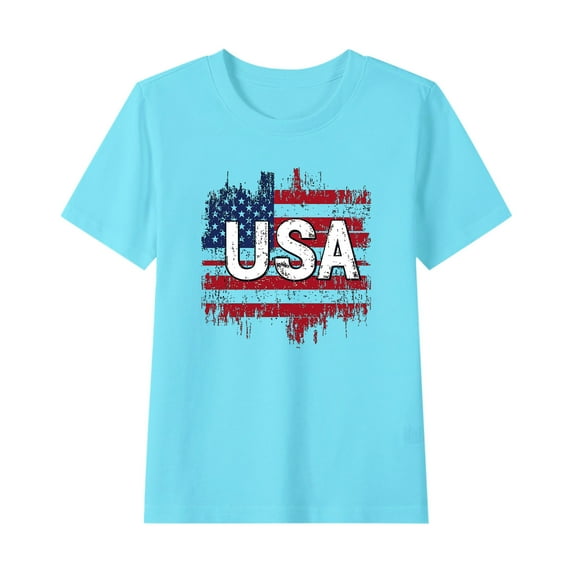 FamilyThread Children's Casual Loose T-shirt American Flag 4th of July Summer Comfortable Short Sleeved Round Neck Top For 2-14Y